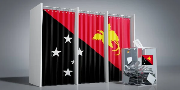 Papua New Guinea - voting booths with country flag and ballot box - 3D illustration