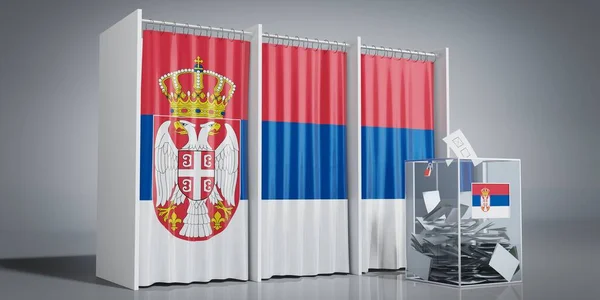 塞尔维亚 带有国旗和投票箱的投票亭 3D插图 — 图库照片