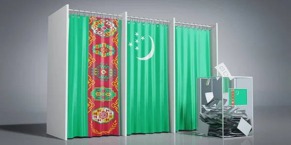 Turkmenistan - voting booths with country flag and ballot box - 3D illustration