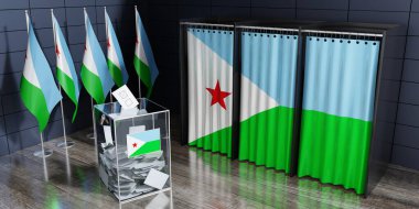 Cibuti - oy kabinleri ve oy sandığı - seçim konsepti - 3D illüstrasyon