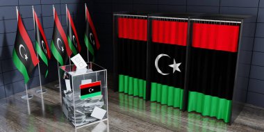 Libya - oy kabinleri ve oy sandığı - seçim konsepti - 3D illüstrasyon