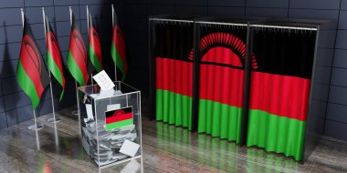 Malawi - oy kabinleri ve oy sandığı - seçim konsepti - 3D illüstrasyon