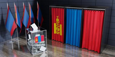 Moğolistan - oy kabinleri ve oy sandığı - seçim konsepti - 3D illüstrasyon