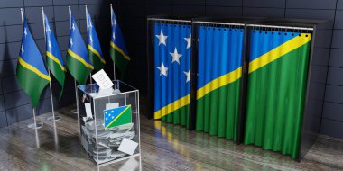 Solomon Adaları - oy kabinleri ve oy sandığı - seçim konsepti - 3D illüstrasyon