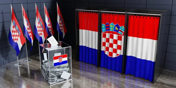 克罗地亚 投票亭和投票箱 选举概念 3D插图 — 图库照片