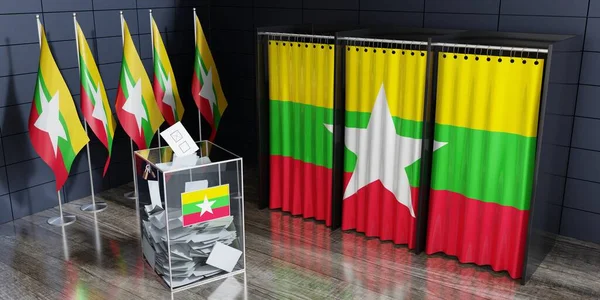 Myanmar - voting booths and ballot box - election concept - 3D illustration