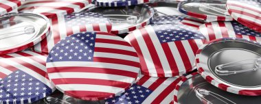 ABD - ülke bayraklı yuvarlak rozetler - oylama, seçim konsepti - 3D illüstrasyon