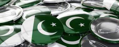Pakistan - ülke bayrağı taşıyan yuvarlak rozetler - oy kullanma, seçim konsepti - 3D illüstrasyon