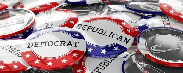 民主党と共和党の丸いバッジ 選挙コンセプト 3Dイラスト — ストック写真