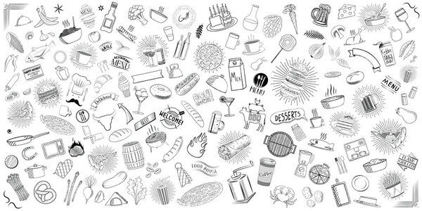 Set of restaurant doodles - food and drinks - on white background - vector illustration