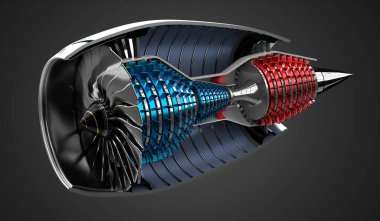 İçerideki jet motoru - gri arkaplanda - 3D illüstrasyon