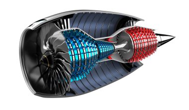 İçerideki jet motoru - beyaz arkaplanda - 3B illüstrasyon