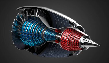 İçerideki jet motoru - gri arkaplanda - 3D illüstrasyon