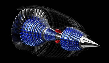 İçerideki jet motoru - siyah arkaplanda - 3B illüstrasyon