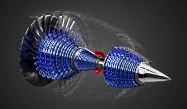 İçerideki jet motoru - gri arkaplanda - 3D illüstrasyon