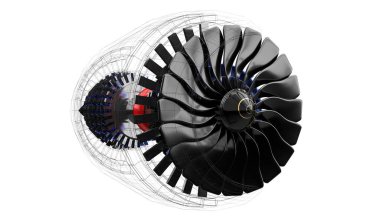 İçerideki jet motoru - beyaz arkaplanda - 3B illüstrasyon