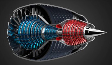 İçerideki jet motoru - gri arkaplanda - 3D illüstrasyon