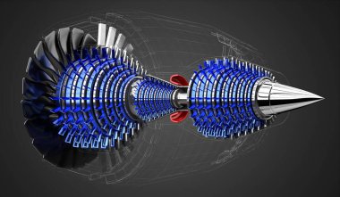 İçerideki jet motoru - gri arkaplanda - 3D illüstrasyon