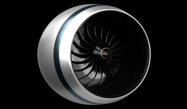 Jet motoru siyah arkaplanda izole edildi - 3B illüstrasyon