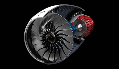 İçerideki jet motoru - siyah arkaplanda - 3B illüstrasyon