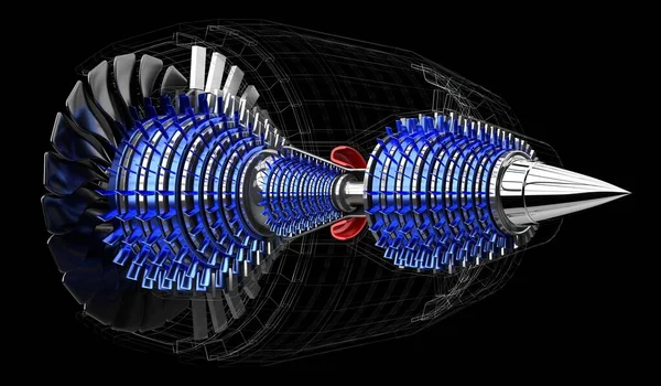 Джетний Двигун Всередині Чорному Тлі Ілюстрація — стокове фото