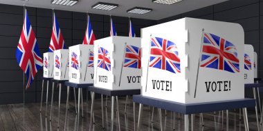 Birleşik Krallık - birçok oy kullanma kabinine sahip sandık merkezi - seçim konsepti - 3D illüstrasyon
