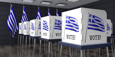 Yunanistan - pek çok oy kullanma kabinine sahip sandık merkezi - seçim konsepti - 3D illüstrasyon