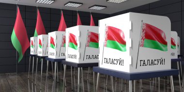 Belarus - birçok oy kullanma kabinine sahip sandık merkezi - seçim konsepti - 3D illüstrasyon