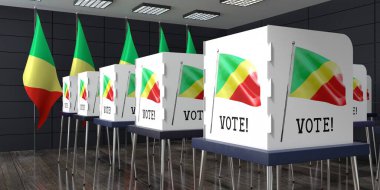 Kongo Cumhuriyeti - birçok oy kullanma kabinine sahip sandık merkezi - seçim konsepti - 3D illüstrasyon