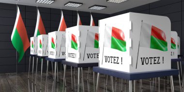 Madagaskar - birçok oy kullanma kabinine sahip sandık merkezi - seçim konsepti - 3 boyutlu illüstrasyon