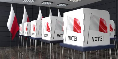 Malta - birçok oy kullanma kabinine sahip sandık merkezi - seçim konsepti - 3D illüstrasyon