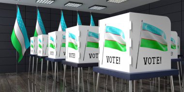 Özbekistan - birçok oy kullanma kabinine sahip sandık merkezi - seçim konsepti - 3D illüstrasyon