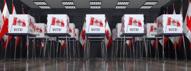 Kanada - birçok oy kullanma kabinine sahip sandık merkezi - seçim konsepti - 3D illüstrasyon