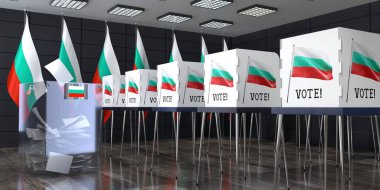 Bulgaristan - oy sandığı ve oy kullanma kabinleriyle sandık merkezi - seçim konsepti - 3D illüstrasyon