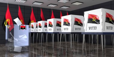 Angola - oy sandığı ve oy kullanma kabinleriyle sandık merkezi - seçim konsepti - 3D illüstrasyon