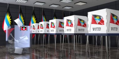 Antigua ve Barbuda - oy sandığı ve oy kullanma kabinleriyle sandık merkezi - seçim konsepti - 3D illüstrasyon