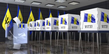 Barbados - oy sandığı ve oy kullanma kabinleriyle sandık merkezi - seçim konsepti - 3D illüstrasyon