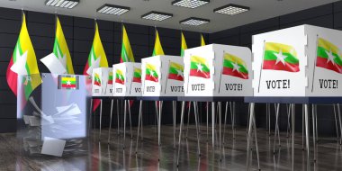 Myanmar - oy sandığı ve oy kullanma kabinleriyle sandık merkezi - seçim konsepti - 3D illüstrasyon