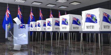 British Virgin Adaları - oy sandığı ve oy kullanma kabinleriyle sandık merkezi - seçim konsepti - 3D illüstrasyon