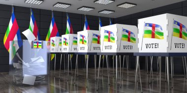 Orta Afrika Cumhuriyeti - oy sandığı ve oy kullanma kabinleriyle sandık merkezi - seçim konsepti - 3D illüstrasyon