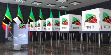 Saint Kitts ve Nevis - oy sandığı ve oy kullanma kabinleriyle sandık merkezi - seçim konsepti - 3D illüstrasyon