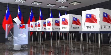 Tayvan - oy sandığı ve oy kullanma kabinleriyle oy kullanma istasyonu - seçim konsepti - 3D illüstrasyon