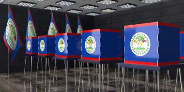 Belize - sandık merkezinde oy kullanma kabinleri ve ulusal bayraklar - seçim konsepti - 3D illüstrasyon