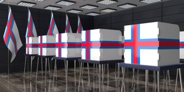 Faroe Adaları - oy kullanma kabinleri ve oy kullanma merkezindeki ulusal bayraklar - seçim konsepti - 3D illüstrasyon