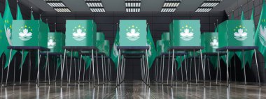 Macau - oy kullanma kabinleri ve oy kullanma merkezindeki ulusal bayraklar - seçim konsepti - 3D illüstrasyon