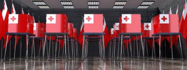 Tonga - oy kullanma kabinleri ve oy kullanma merkezindeki ulusal bayraklar - seçim konsepti - 3D illüstrasyon