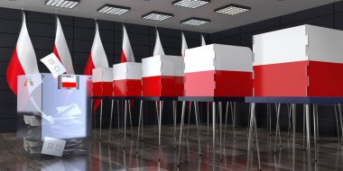 Polonya - oy sandıkları ve oy sandıklarıyla sandık - seçim konsepti - 3D illüstrasyon