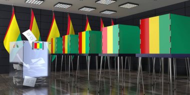 Gine - oy sandıkları ve oy sandıkları olan sandık merkezi - seçim konsepti - 3D illüstrasyon