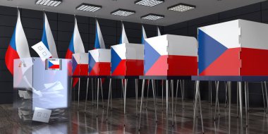 Çek Cumhuriyeti - oy kullanma kabinleri ve oy sandığı - seçim konsepti - 3D illüstrasyon