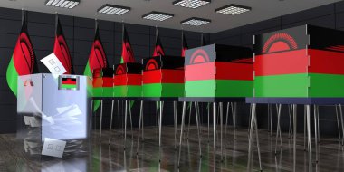 Malawi - oy sandıkları ve oy sandıkları olan sandık merkezi - seçim konsepti - 3D illüstrasyon